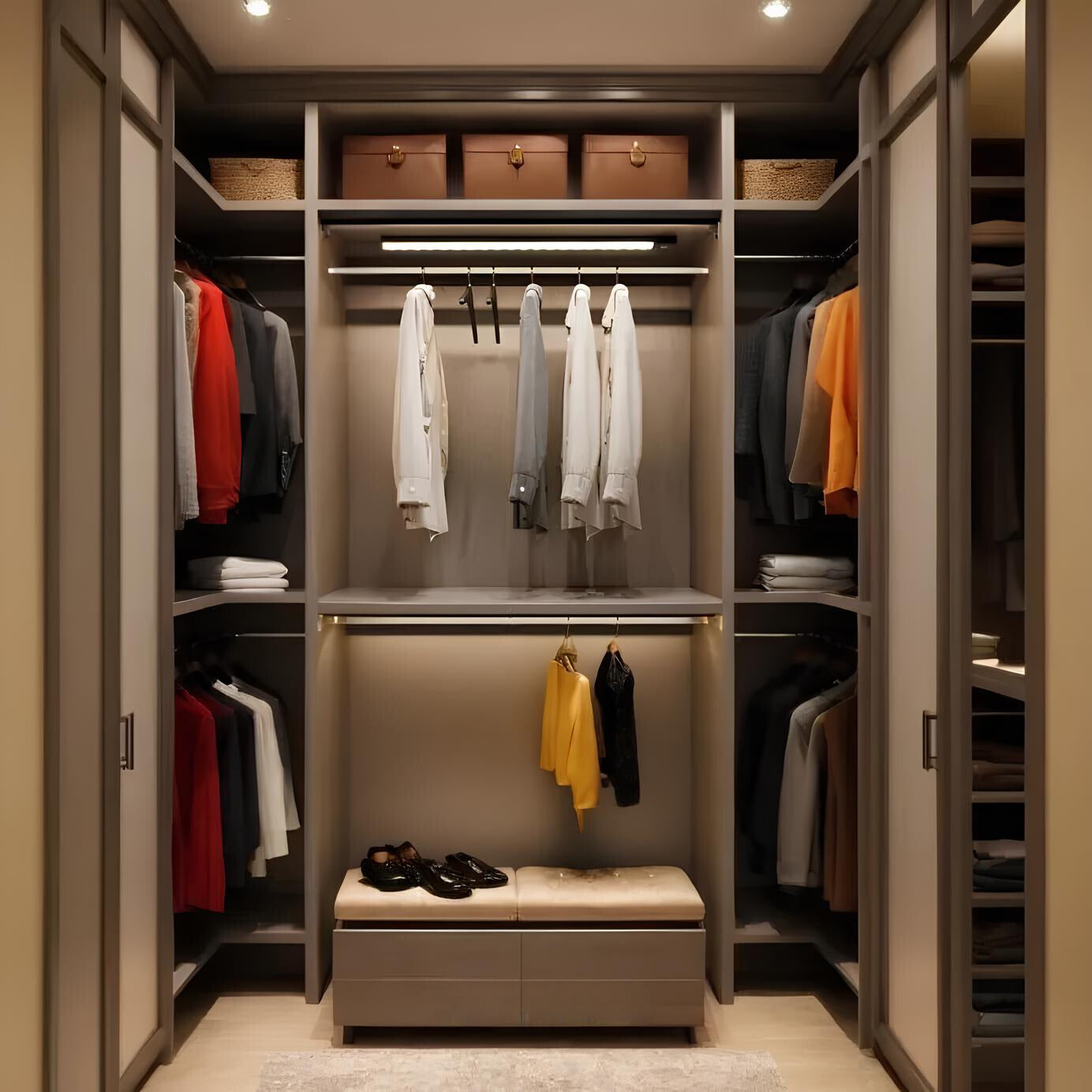 Modern walk-in closet with organized clothes and shelves.