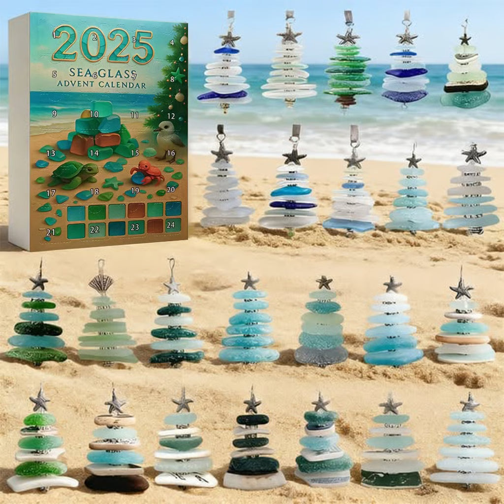 Sea glass advent calendar with Christmas trees on a beach