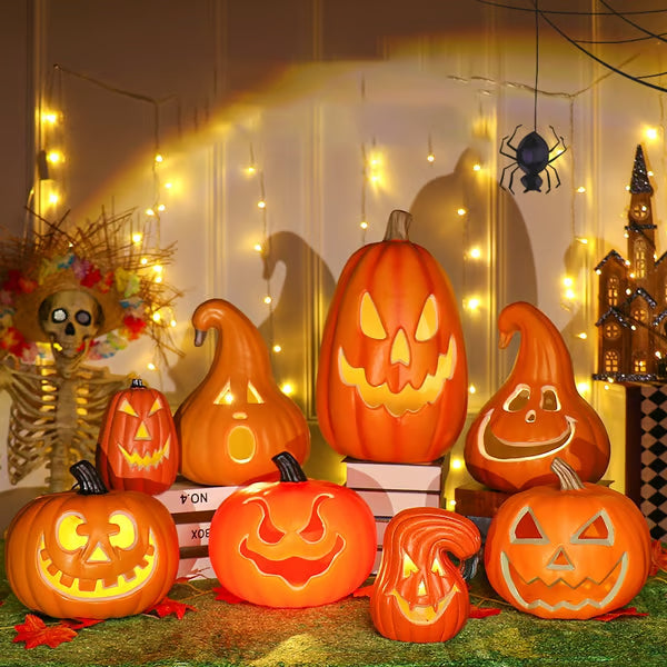 Decorative Halloween pumpkins with carved faces on a festive background with lights and decorations.