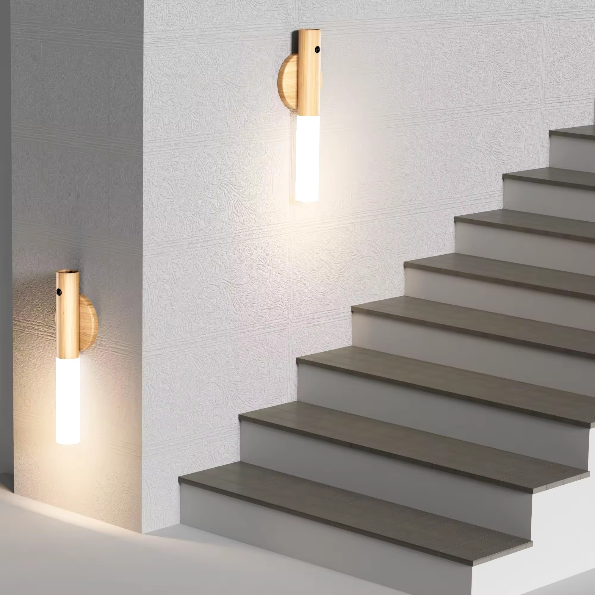 Modern wall lights on a staircase with a neutral background
