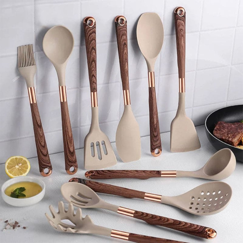 10-Piece Silicone Kitchen Utensil Set with Non-Slip Wooden Handles – Heat Resistant Cooking Utensils for Kitchenware 0