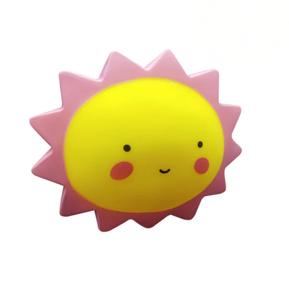 Yellow sun-shaped object with pink rays on a white background