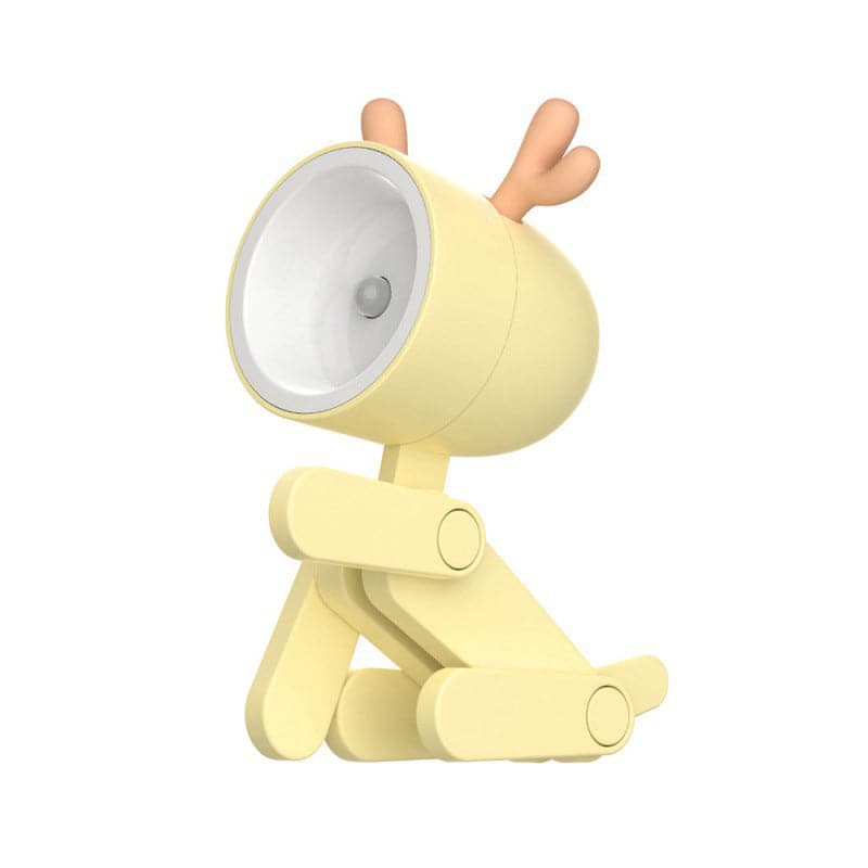 Yellow toy figure with a light on a white background