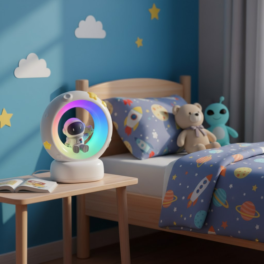 Children's room with a night light, teddy bear, and space-themed bedding.