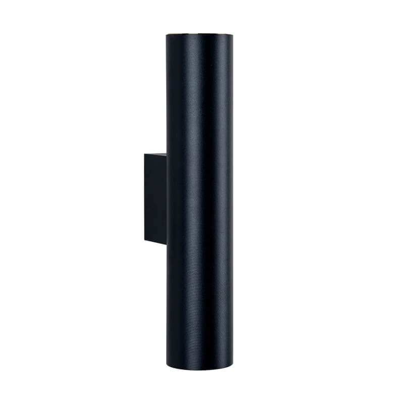 Black cylindrical wall light fixture on a white background