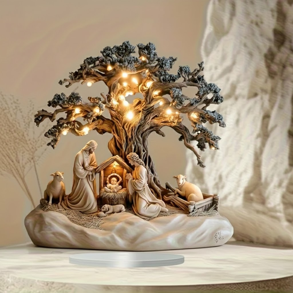 Decorative nativity scene with a tree-like structure on a neutral background
