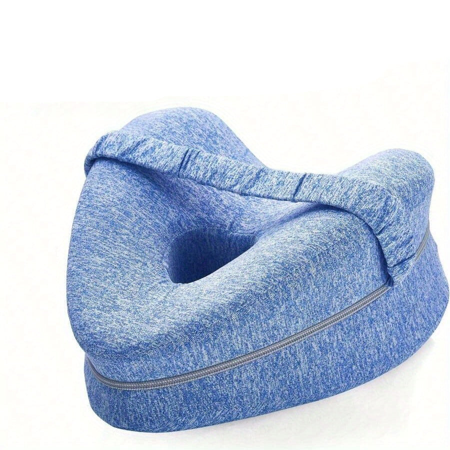 Blue wedge pillow with a woman lying on it on a white background