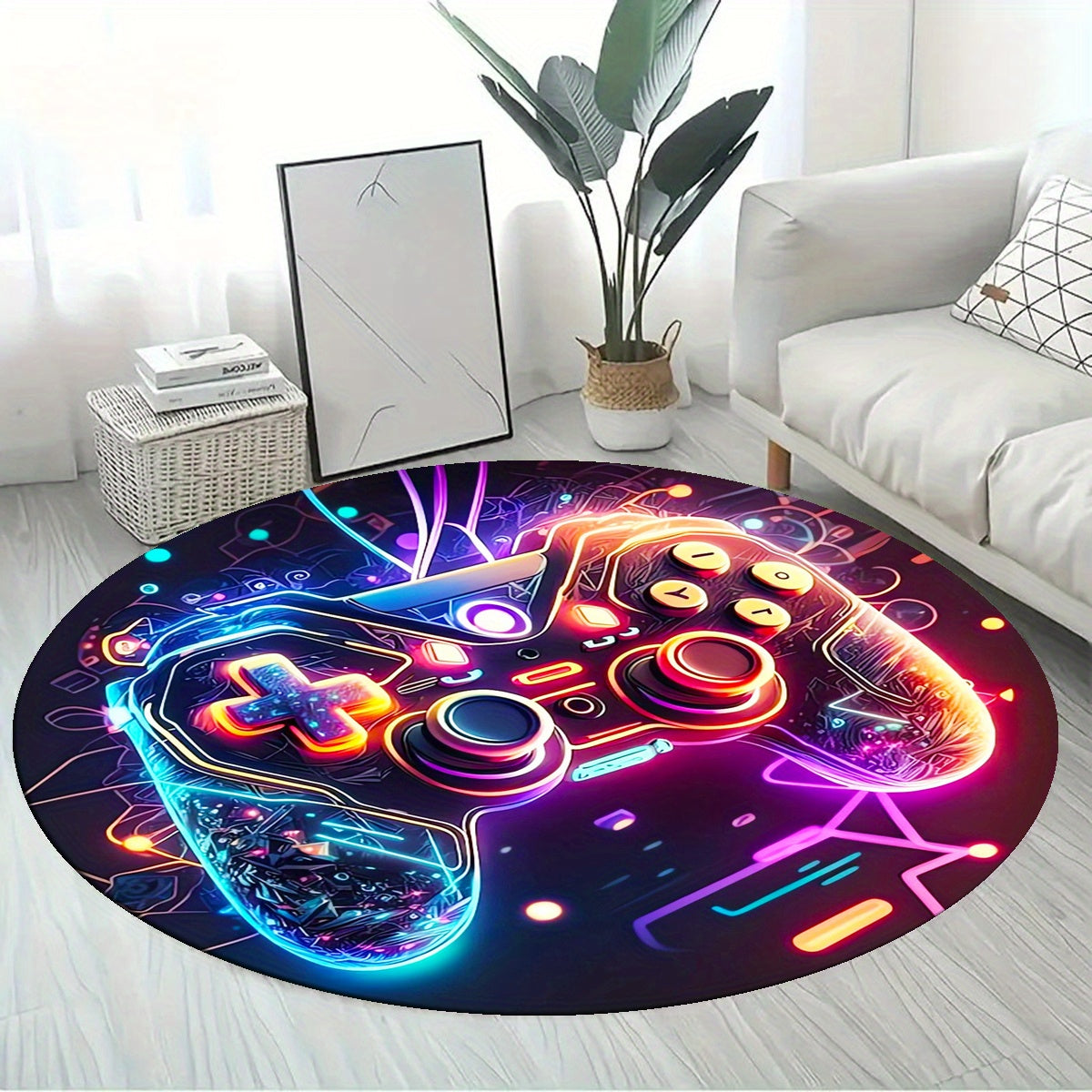 Round rug with colorful gaming controller design in a living room setting