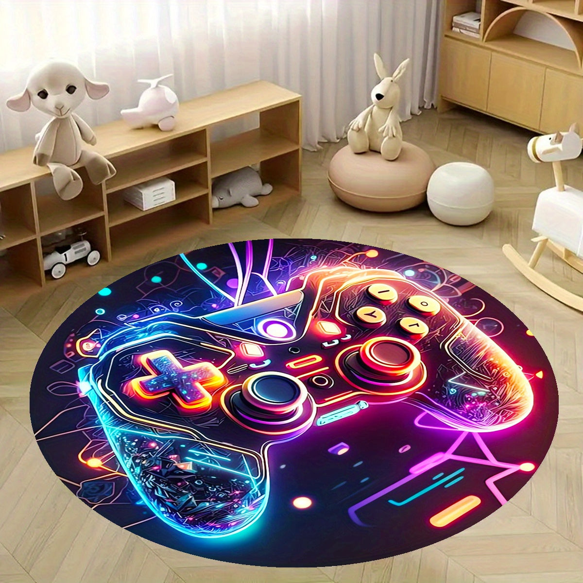 Round rug with a colorful gaming controller design in a room with toys and furniture.