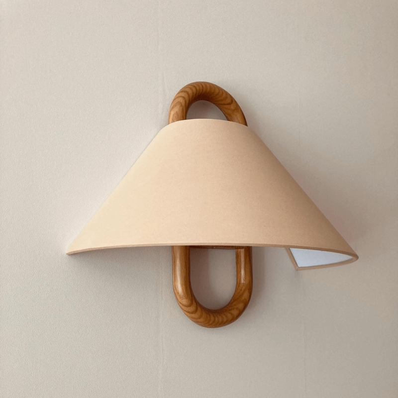 Wall-mounted lamp with beige shade and wooden handles on a light gray wall.