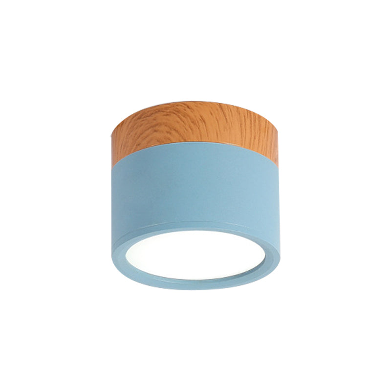 Ceiling light fixture with wooden top and blue cylindrical body on a white background