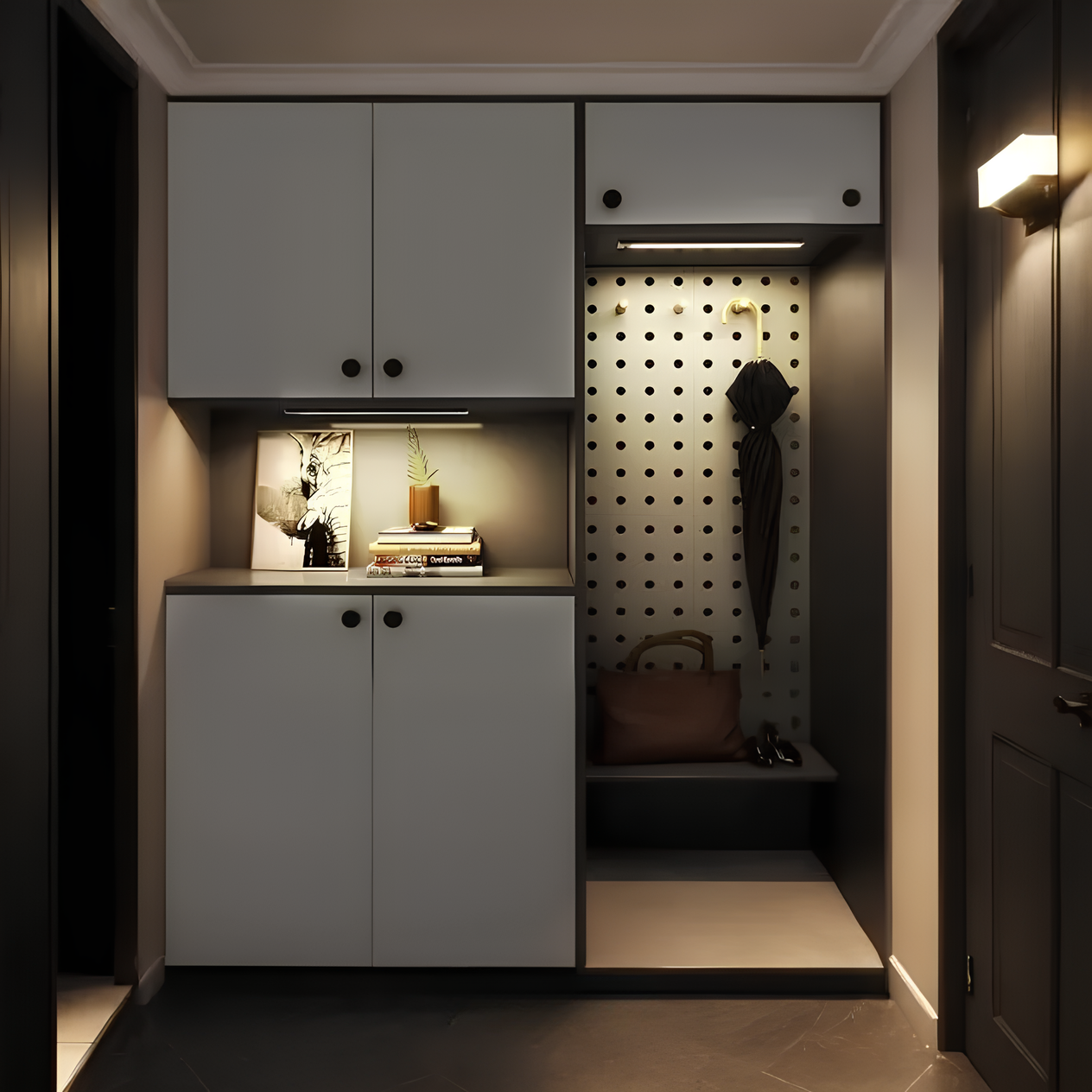 Modern hallway with gray cabinets, a pegboard wall, and a coat rack.