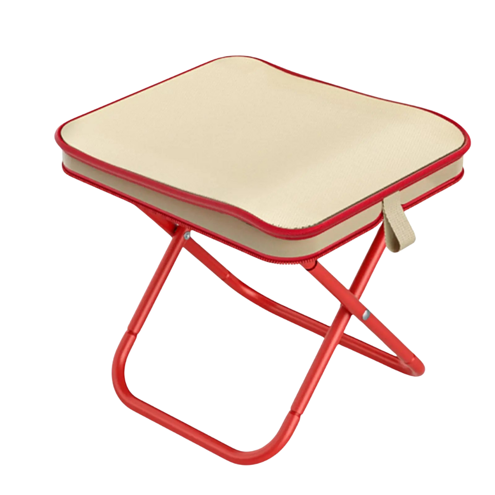 Foldable stool with red frame and beige seat on a white background