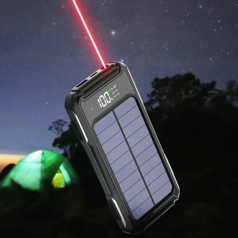Solar power bank with laser pointer against a night sky background