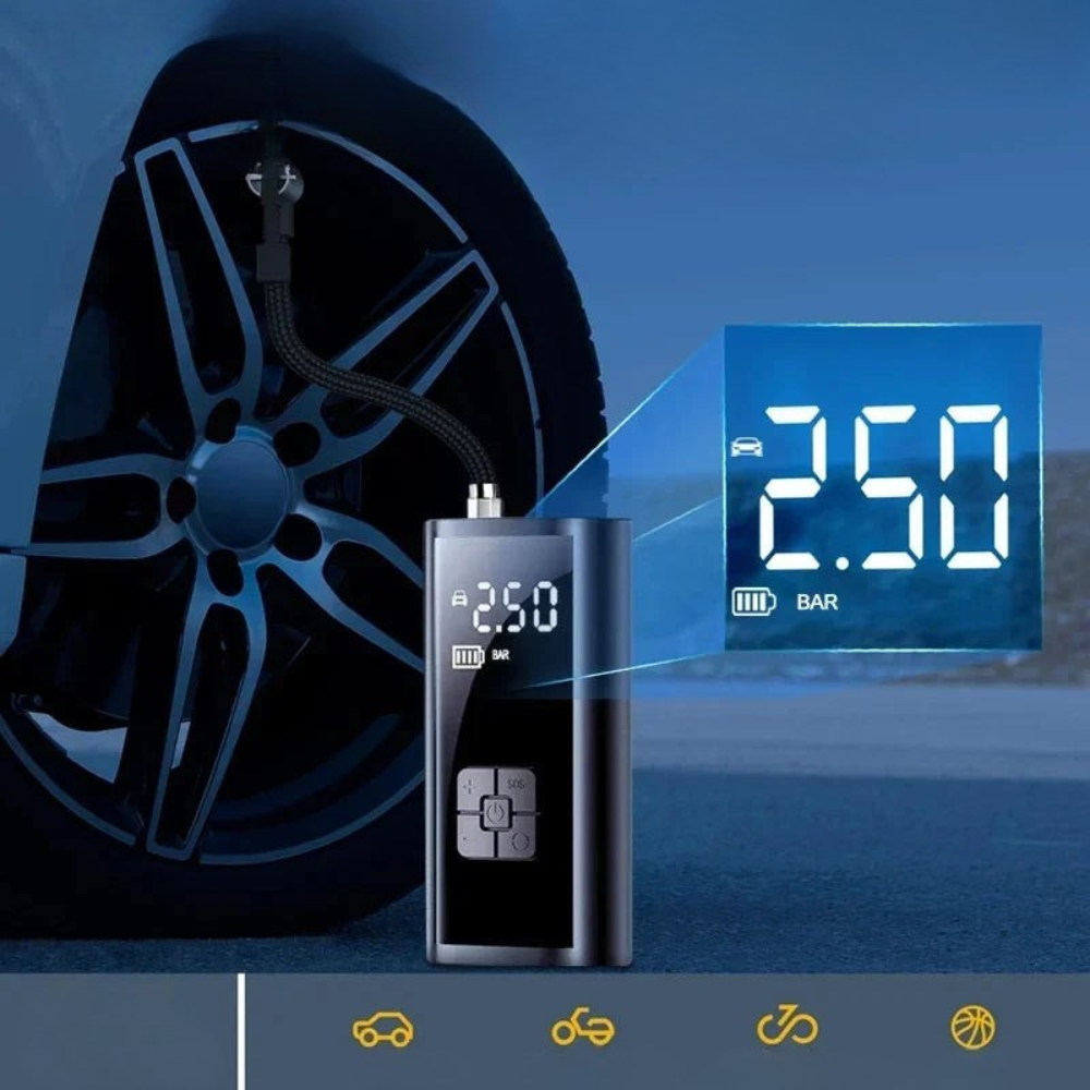 Digital tire pressure gauge with tire and digital display on a blue background