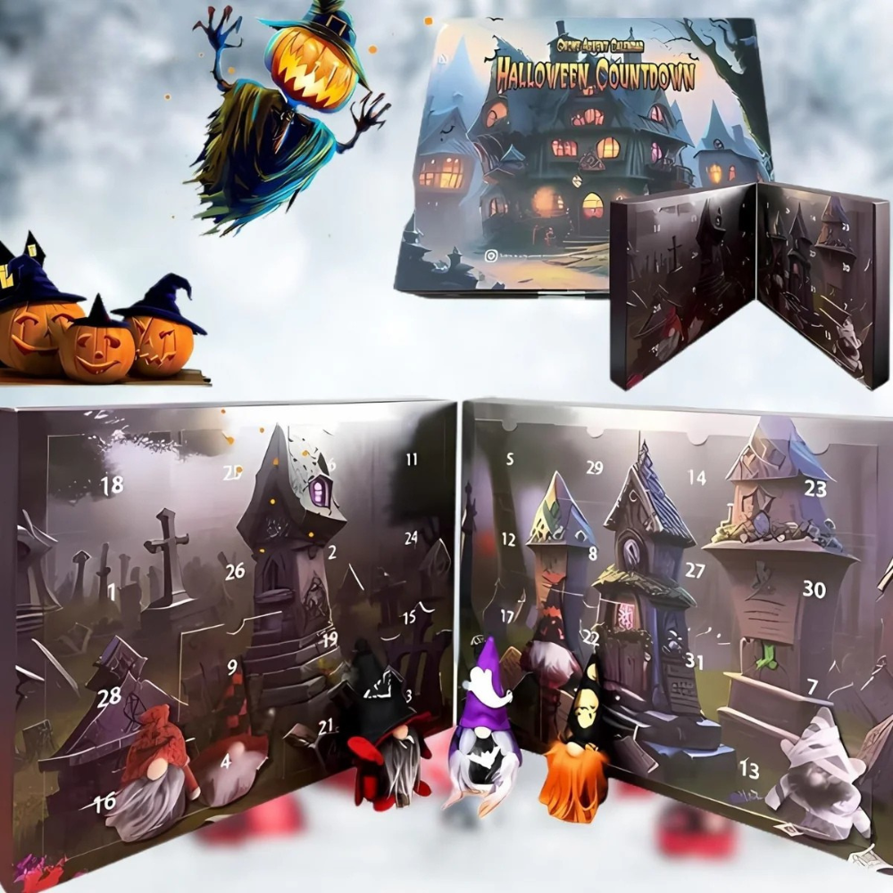 Halloween-themed advent calendar with pumpkins and haunted houses on a white background
