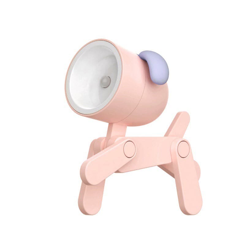 Pink dog-shaped lamp with a white light bulb on a white background
