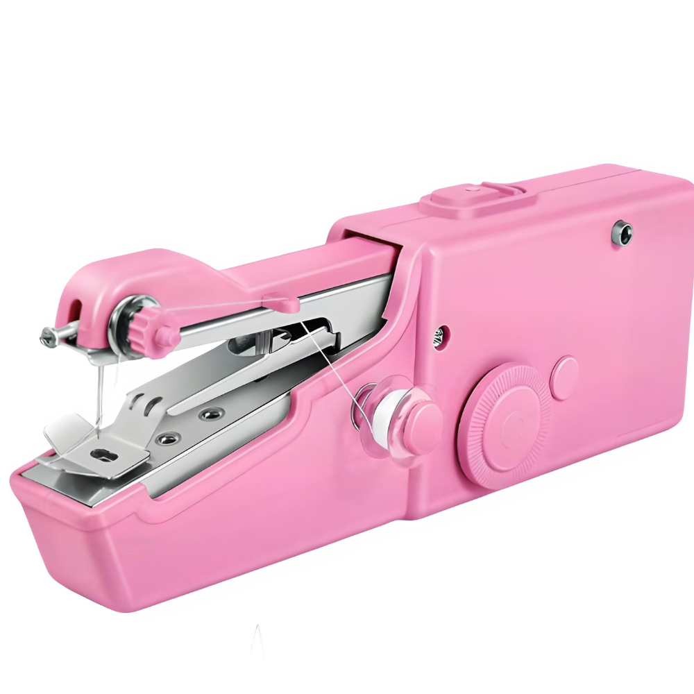 Pink handheld sewing machine on a white background