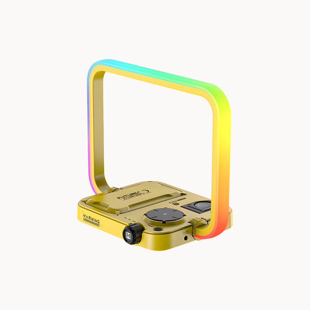 Portable stove with rainbow-colored handle on a white background