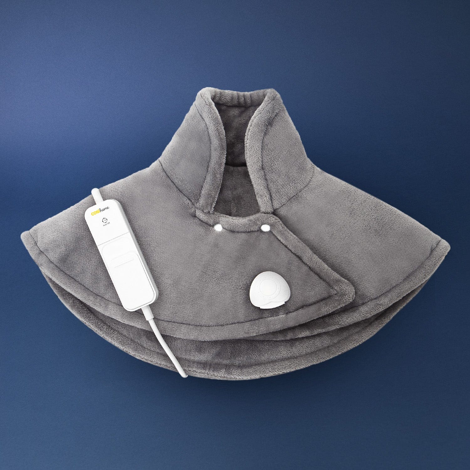 Gray neck wrap with a control device on a blue background