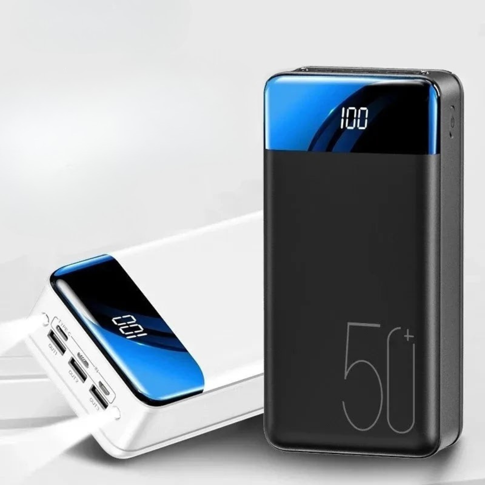 Black power bank with digital display on a white background