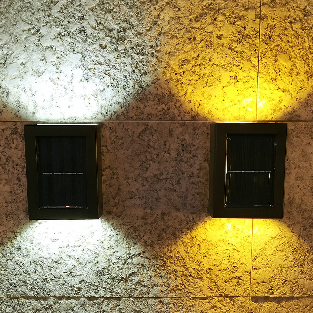 Two wall-mounted lights on a textured stone wall, one emitting white light and the other yellow light.