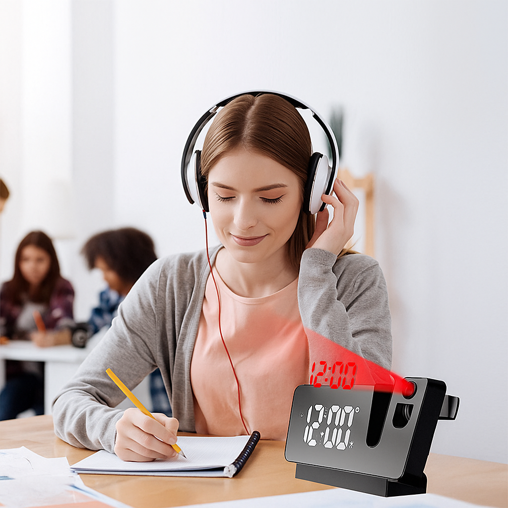 Woman wearing headphones and using a digital clock on a desk with other people in the background