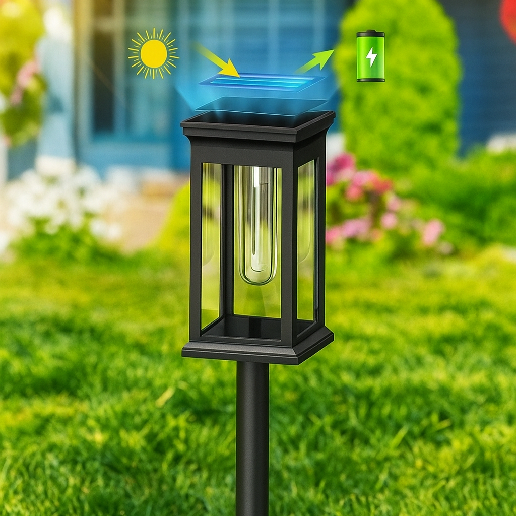 Solar-powered outdoor lamp on a grassy lawn with a house in the background