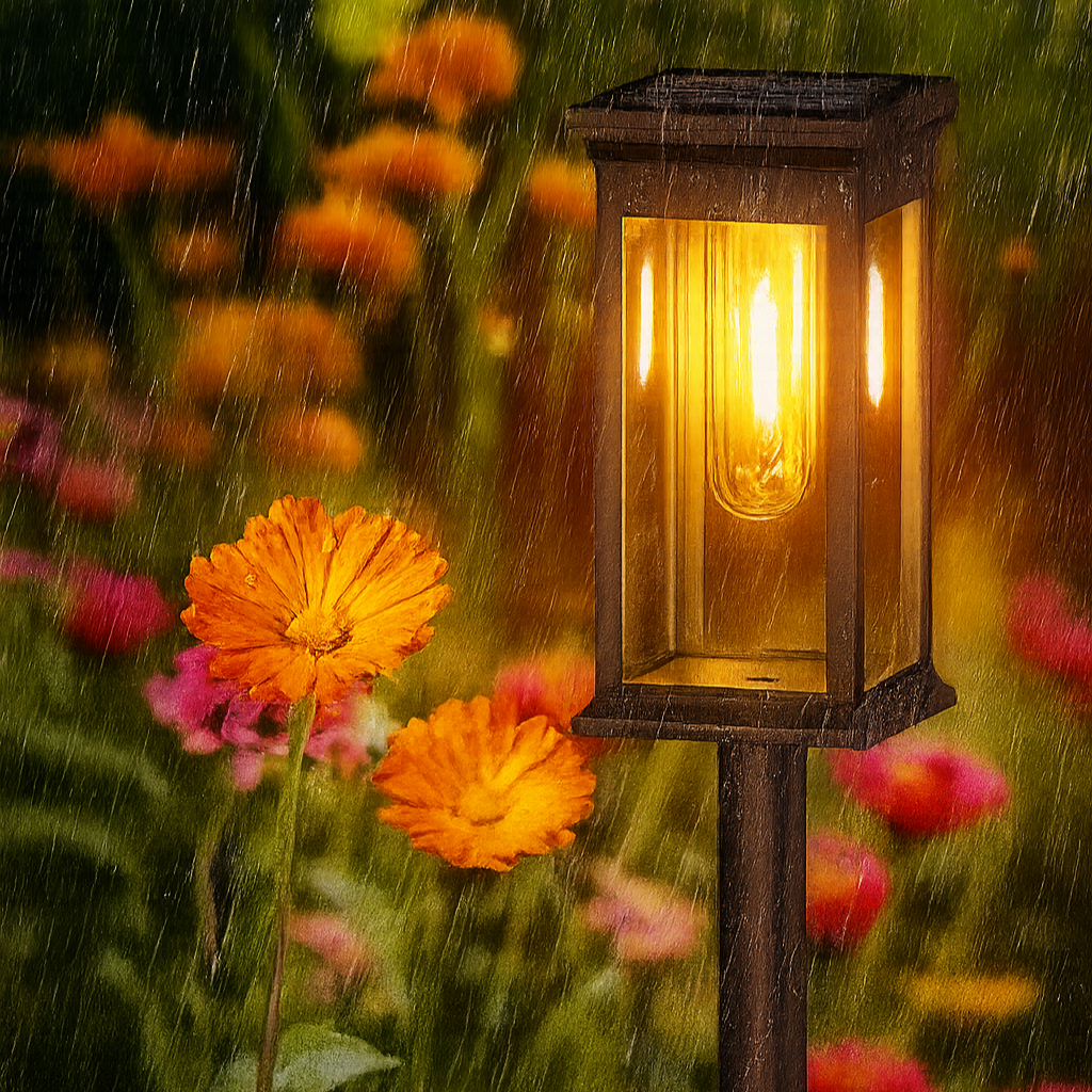 Solar lamp post with glowing light in a garden setting with flowers