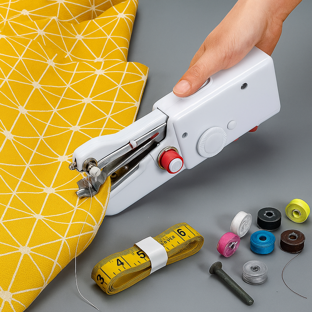 Handheld sewing machine with accessories on a gray background