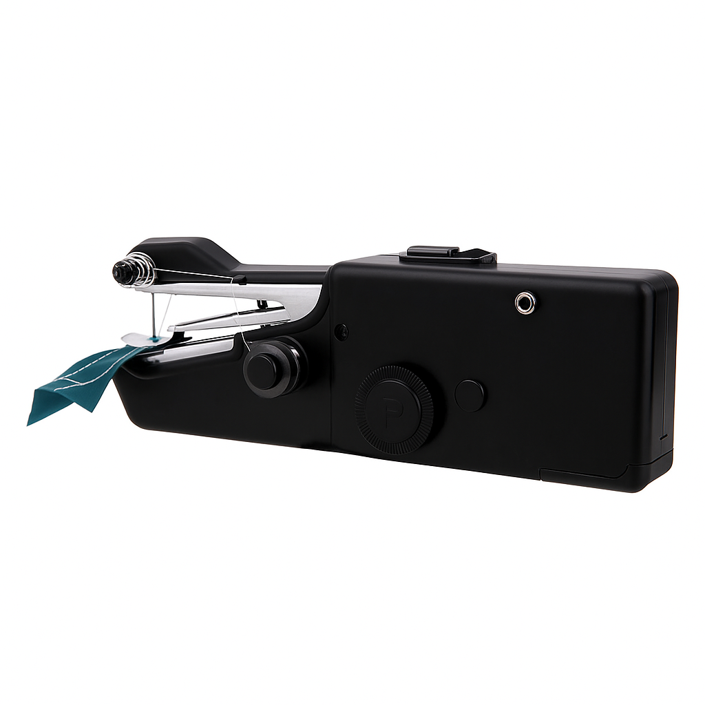 Black handheld device with a small screen and lever on a white background