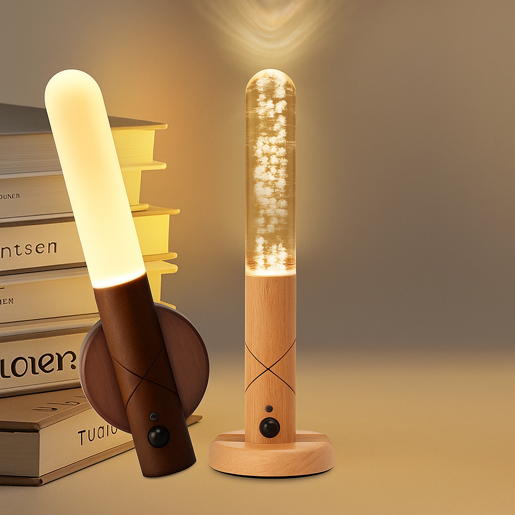 Two wooden lamps on a surface with books in the background