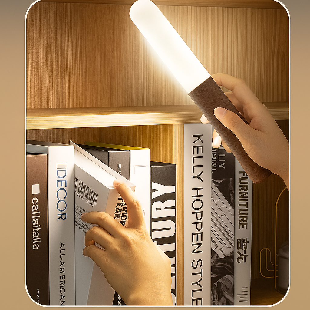 Hand holding a LED reading light over books on a shelf