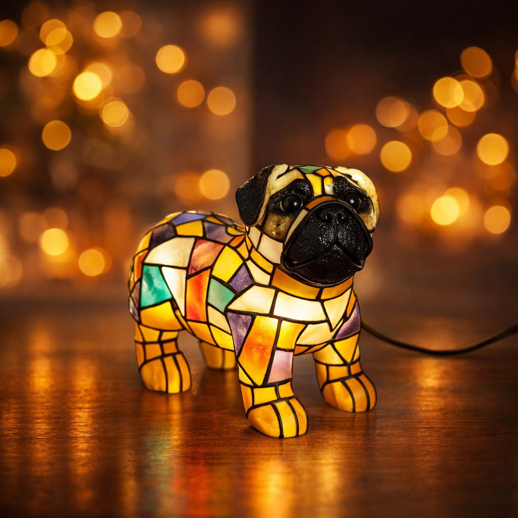 Colorful stained glass pug dog sculpture on a dark background