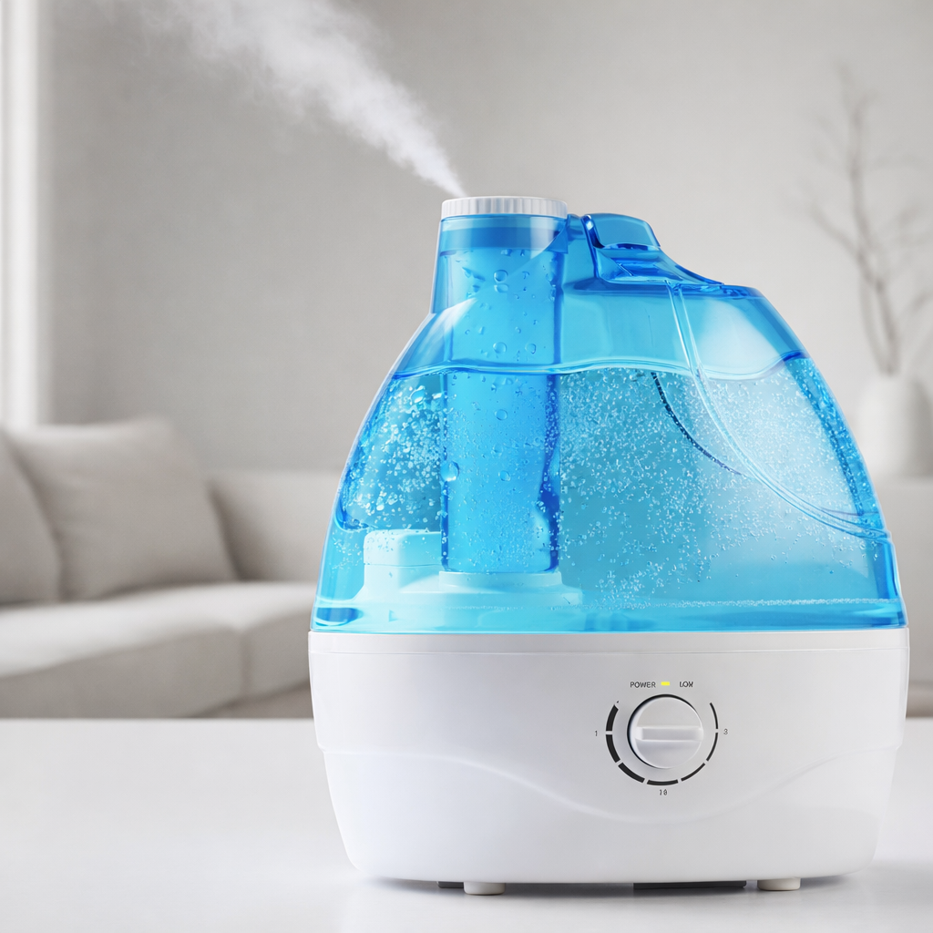 Humidifier with blue water tank on a white surface
