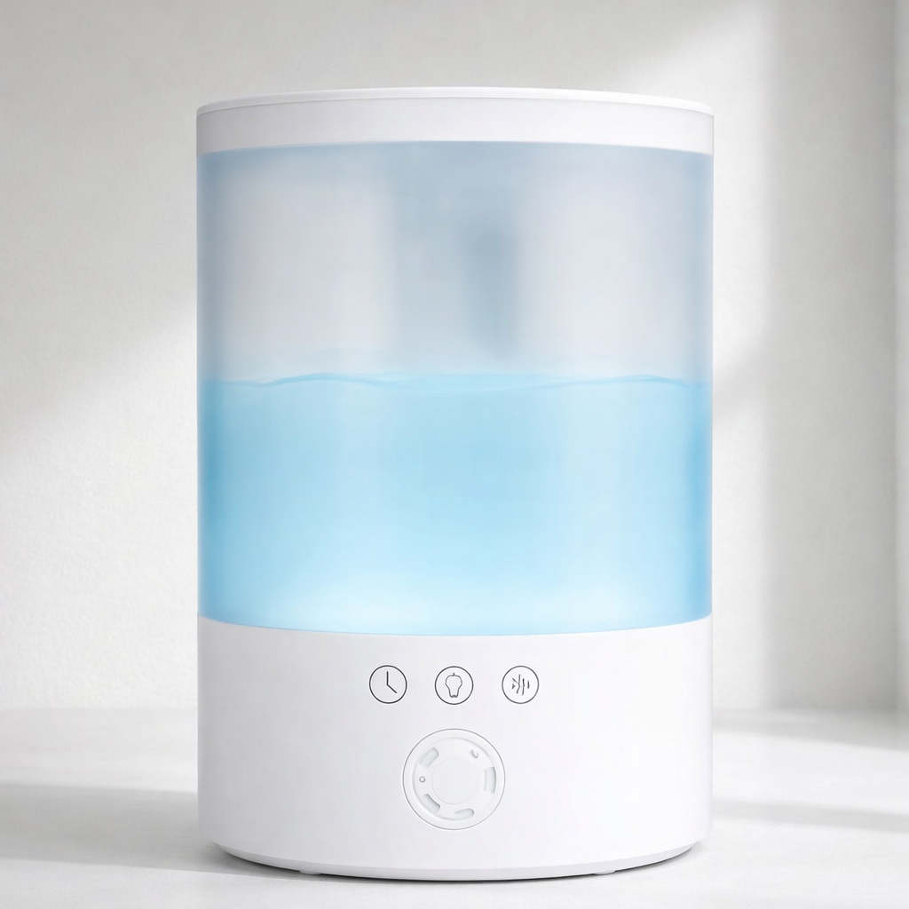 White cylindrical device with blue light on a white background