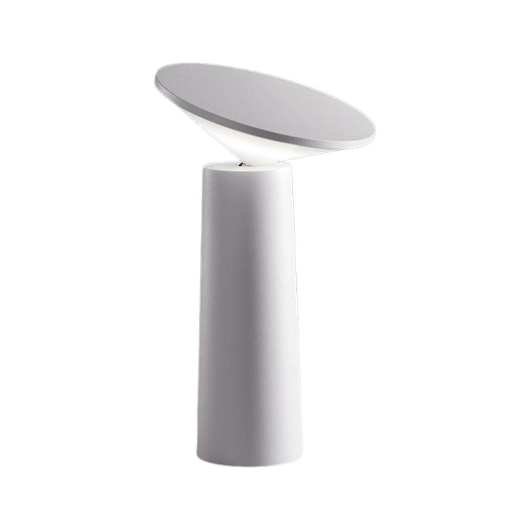 Modern outdoor lamp with a white base and gray shade on a green background