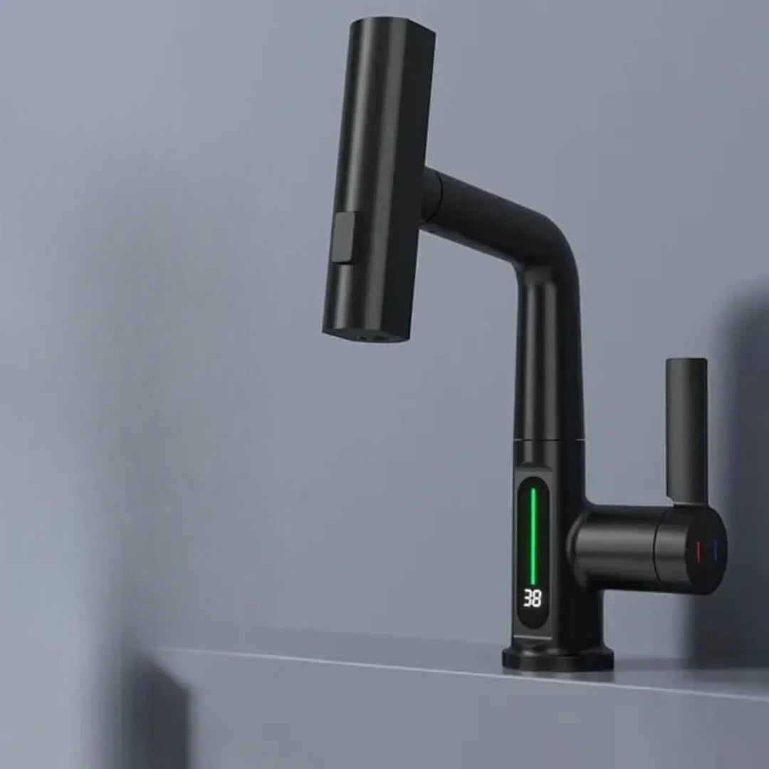 Modern black kitchen faucet with digital display on a gray background