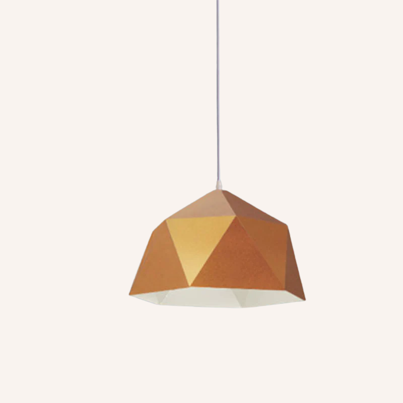 Geometric pendant light with a brown and yellow design on a white background