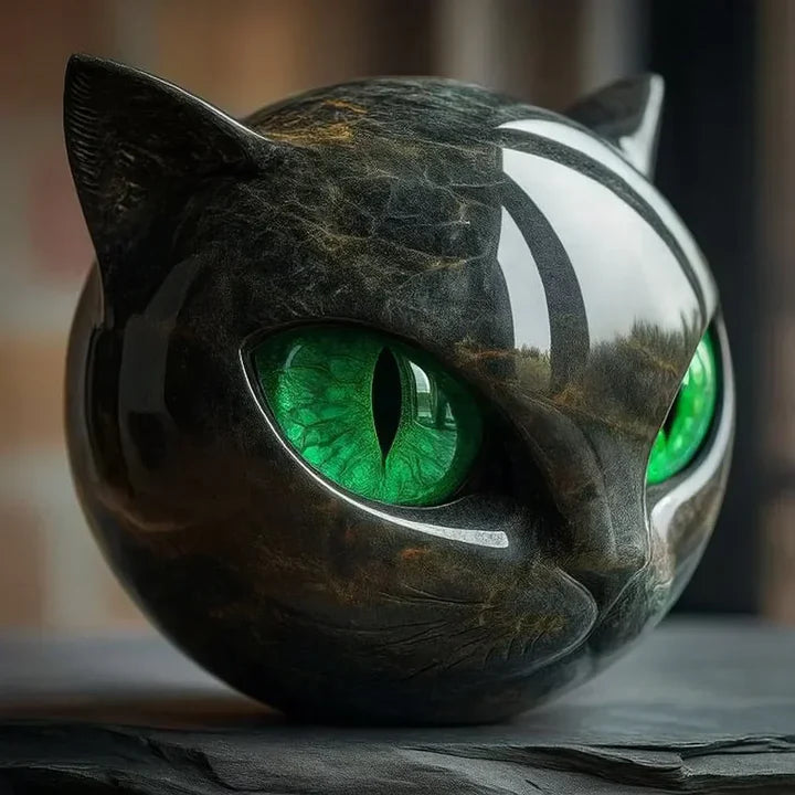 Black cat-shaped object with green eyes on a dark surface