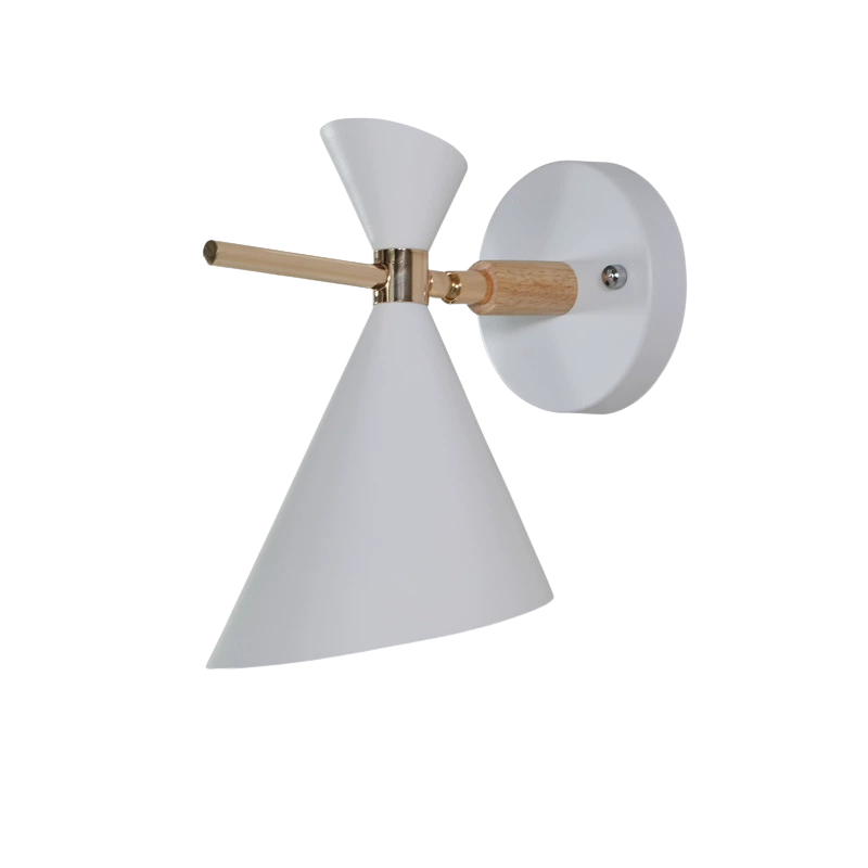 Modern wall sconce with white conical shades and wooden arm on a white background