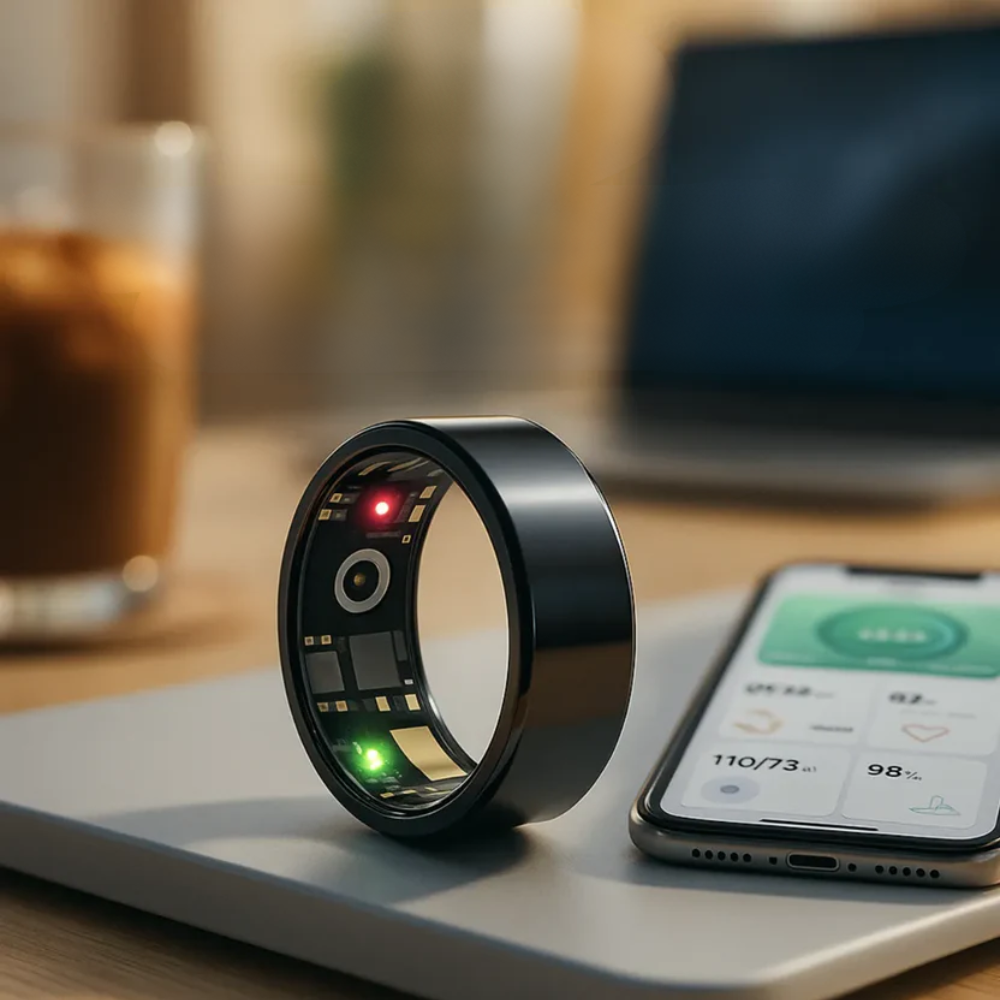 Smart ring with digital display on a table next to a smartphone