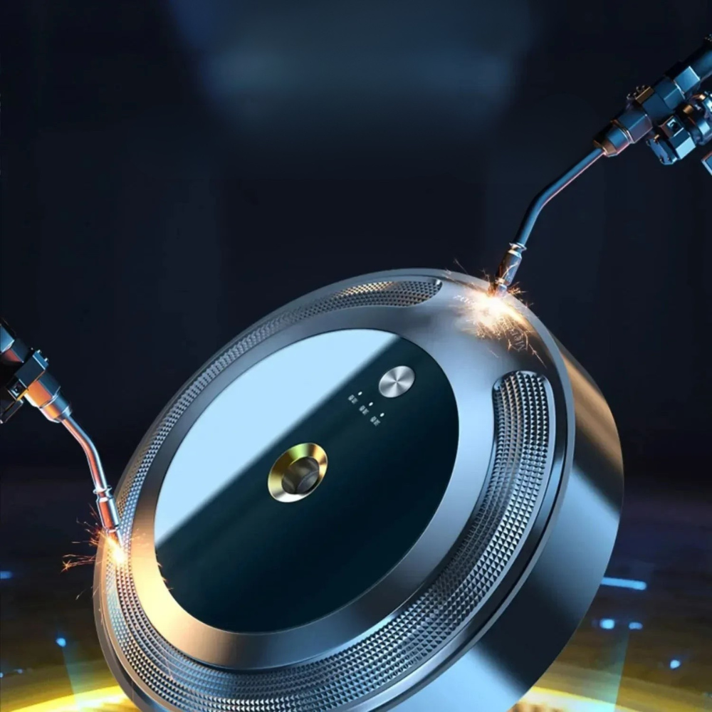 Robotic vacuum cleaner with sparks on a dark background