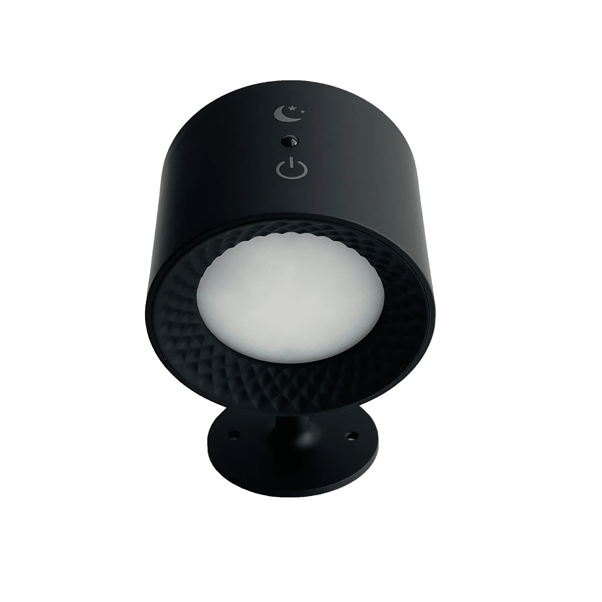 Black outdoor light fixture with a white bulb on a white background