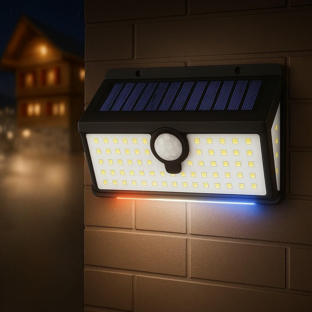 Solar-powered outdoor light fixture on a wall with a blurred house in the background.