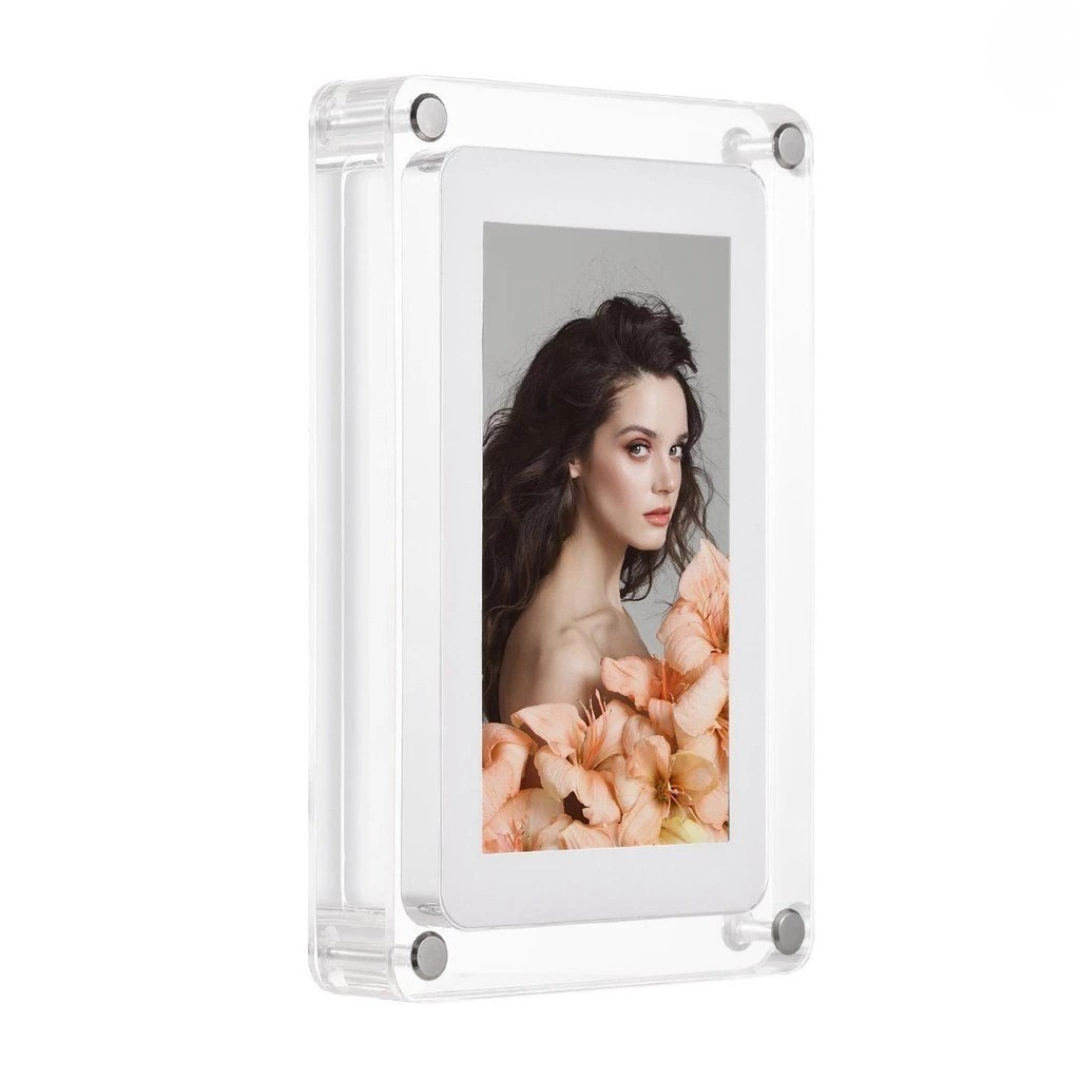 Clear photo frame with a woman holding flowers on a white background