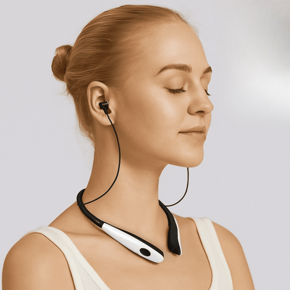 Woman wearing a neckband with earpieces on a plain background