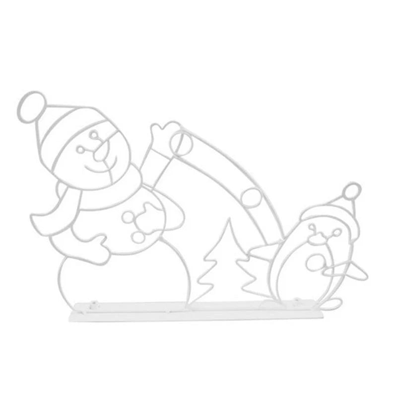 Decorative metal stand with snowman and penguin design on a white background