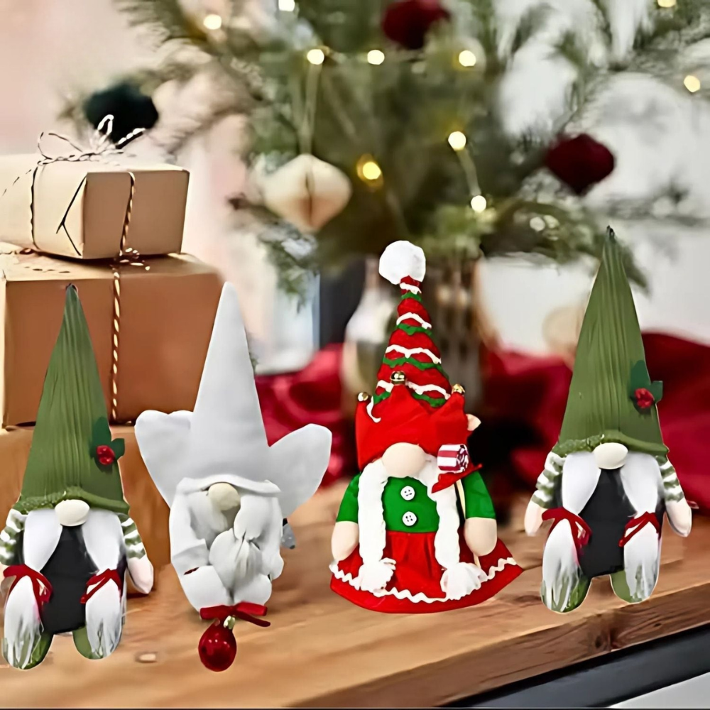 Five Christmas-themed gnomes on a wooden surface with a blurred festive background.