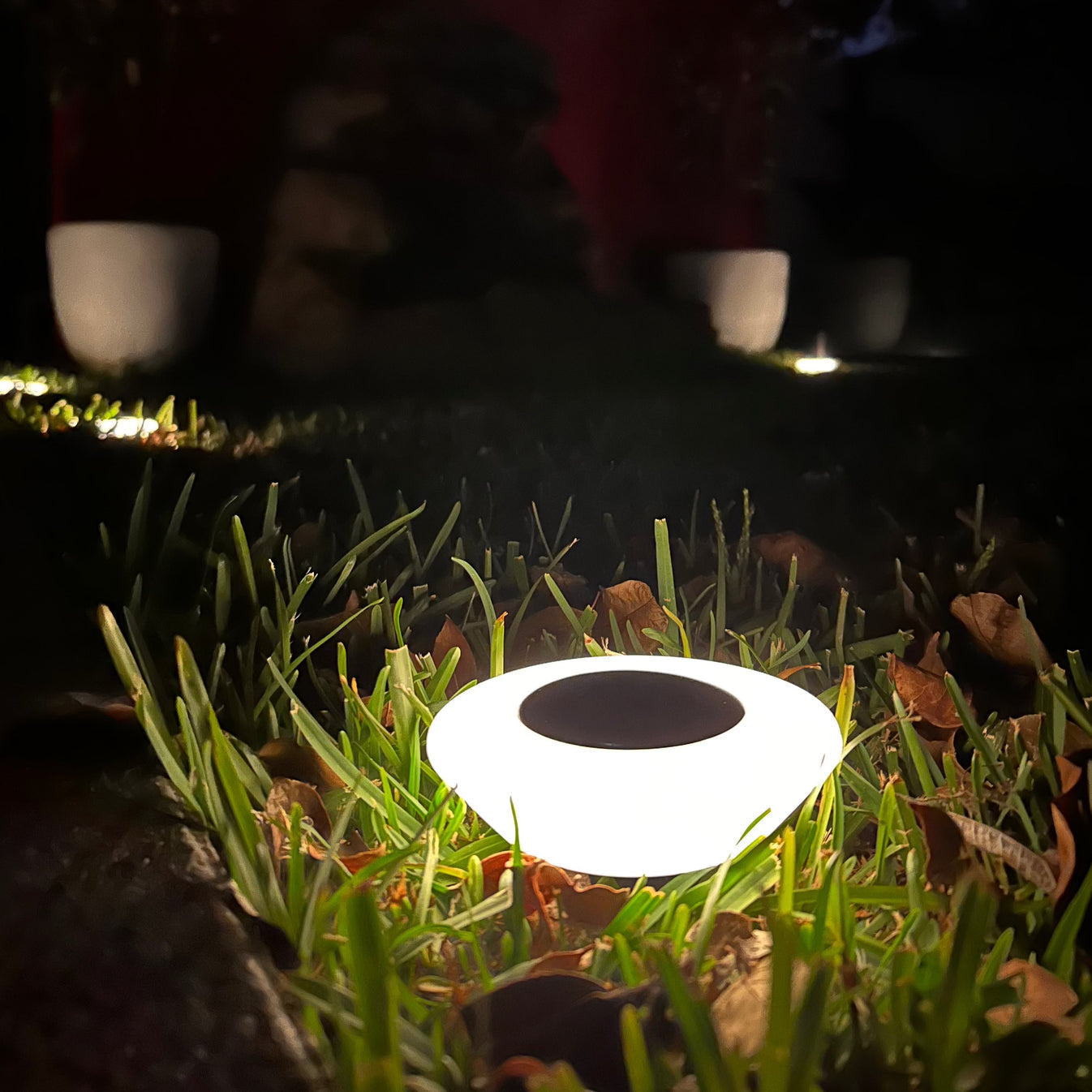 Solar-powered outdoor light fixture on grass at night